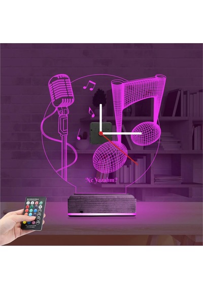 Luvivia Müzik Nota Mikrofon Kişiye Özel Saatli 3d Lamba - Masa Gece Lambası Şeffaf