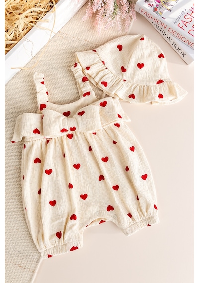 Babymod Şapkalı Kalp Desenli %100 Pamuk Yazlık Kız Bebek Tulum Set Takım Kırmızı