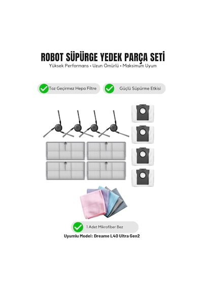 Dreame L40 Ultra Gen2 İle Uyumlu 4 Yan Fırça 4 Filtre 4 Toz Torbası 1 Temizlik Bezi 14.0