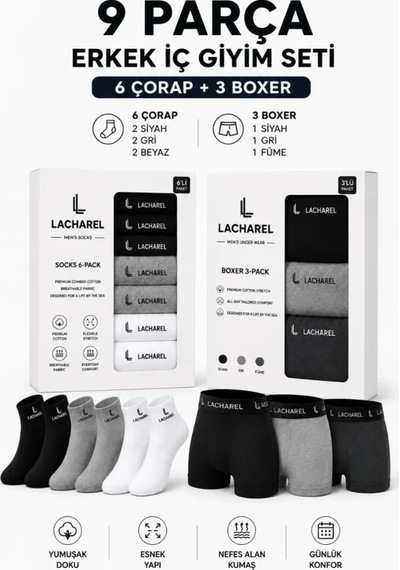 Zenna Tarz Erkek 9lu İç Giyim Seti Pamuklu 3 Boxer 6 Çorap Çoklu Paket - Siyah - Füme - Gri - Beyaz Çok Renkli