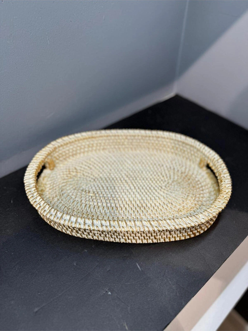 Dekoratif Polyester Hasır Tepsi Krem Gold