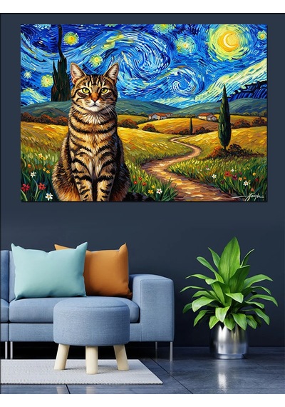 Van Gogh Tarzı Yıldızlı Gece Kedisi Dekoratif Kanvas - Mdf Ahşap Tablo