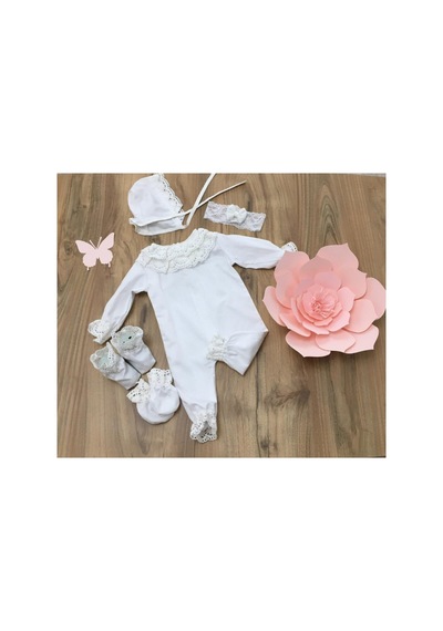 Hayy Baby Kıds Wear Kız Bebek Beyaz Dantelli Hastane Çıkışı