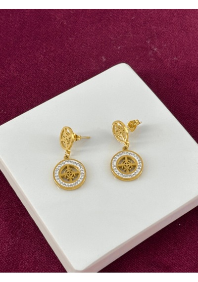 Ortası Çiçekli Ve Küçük Taşlı Sallantılı Gold Küpe Gold