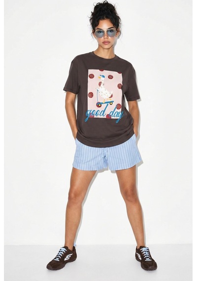 Shade Kadın Good Day Baskılı Nakış Detaylı Relaxed Fit T-shirt 7642 60286117 - Kahverengi