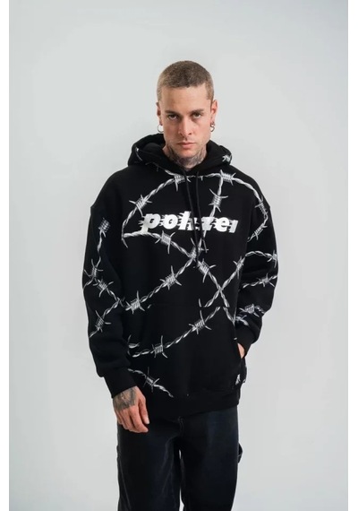 Polızeı Premium Kalite Kapşonlu Varak Ve Pano Baskılı Sweatshirt Siyah