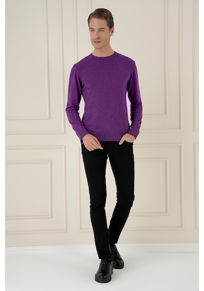Slim Fit Ribanalı Düz Mor Yünlü Bisiklet Yaka Triko Kazak Tr 900
