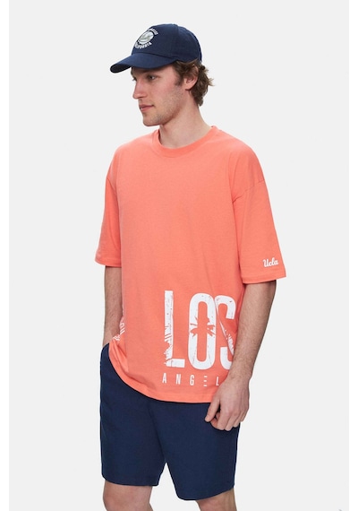 Ucla Ignıso Sıcak Pembe Bisiklet Yaka Baskılı Oversize Erkek Tshirt Sıcak Pembe