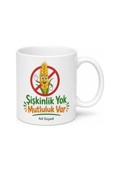 Glütensiz Beslenme Şişkinlik Yok Mutluluk Var Çölyak Kupa Bardak Hediye Beyaz / Çok Renkli