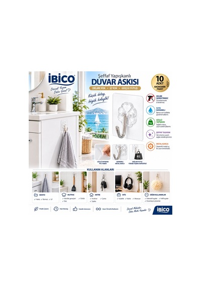 İbico İ17-023 Askı 10 Adet Tekli Metal Uçlu Mika Kristal Pls. Tabanlı Şeffaf Pvc Yapışkanlı Montaj - 25'li Paket