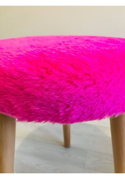 Neta Home Ahşap Ayak Dekoratif Fuşya Pelüş Puf Tabure Bench Yuvarlak Koltuk Sandalye Pembe