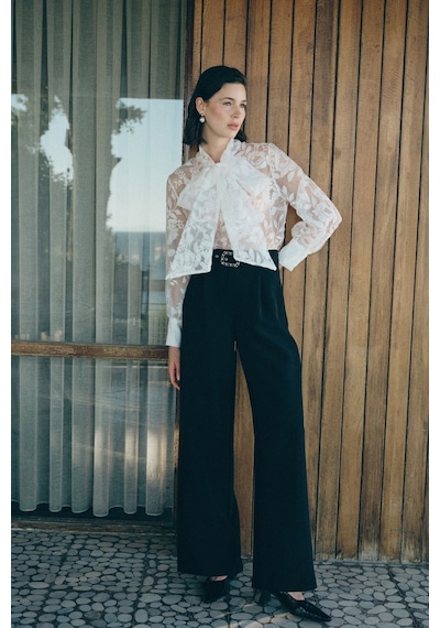 Sateen Kemerli Bol Pantolon - Siyah-136820 siyah