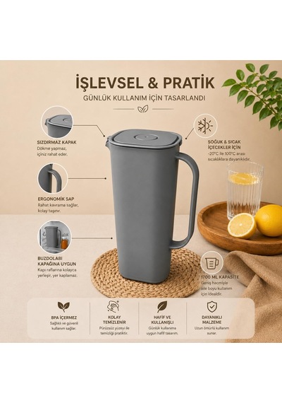 Ayrex 1700 Ml Sürahi, Sızdırmaz Kapaklı Bpa İçermez Buzdolabı Kapısına Uygun Ergonomik Saplı Soğuk Ve Sıcak Diğer