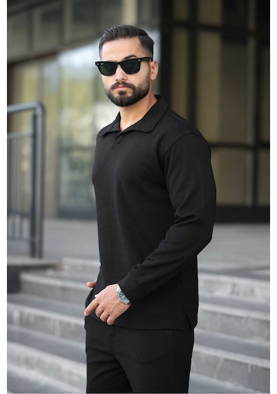 Mfz Giyim Petekli Alt Üst Pantolon Ve Patlı Yakalı Erkrk Sweat Takımı Siyah