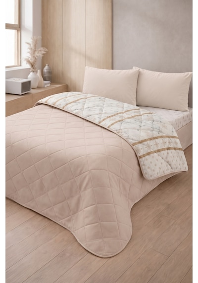 Formeya Kapitoneli Çift Kişilik Desenli Pike - Yatak Örtüsü Takımı 200x230 Cm - 2 Adet Yastık Kılıflı Bej