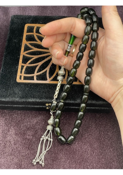 Alpaka Nakkaş İmameli Zümrüt Yeşili Sıkma Kehribar Tesbih 9x11 Mm Yeşil