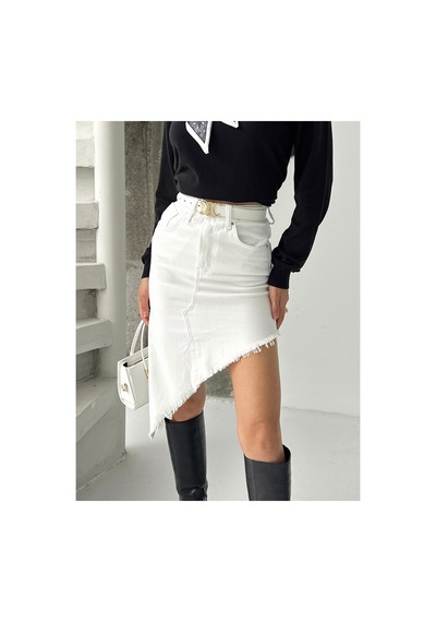 Kene Jeans Etek Püskül Detaylı Asimetrik Keten Etek Beyaz