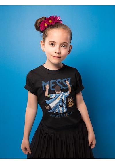 Sevbano Messi Argentina 10 Baskılı Unisex Futbolcu Çocuk Tişört 1-12 Yaş SIYAH