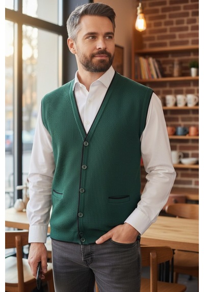 Kamalı Erkek Nefti V Yaka Triko Düğmeli Cepli Çizgi Desenli Regular Fit Tüylenmeyen Örgü Yelek