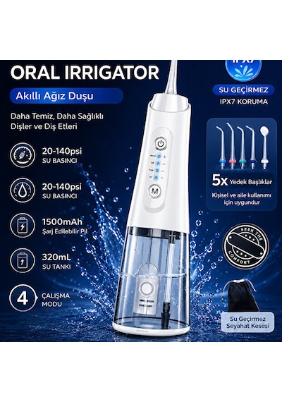 Ağız Duşu Şarjlı 320 Ml Su Hazneli 4 Modlu Su Geçirmez Taşınabilir Oral Irrigator 5 Başlıklı Derin Temizlik Type-c