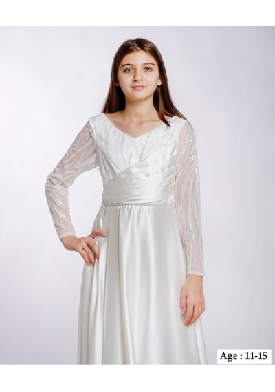 Kız Çocuk/genç Yeni Moda Tafta Kumaş Uzun Kollu Tam Kalıp Abiye Elbise 5799-beyaz Beyaz