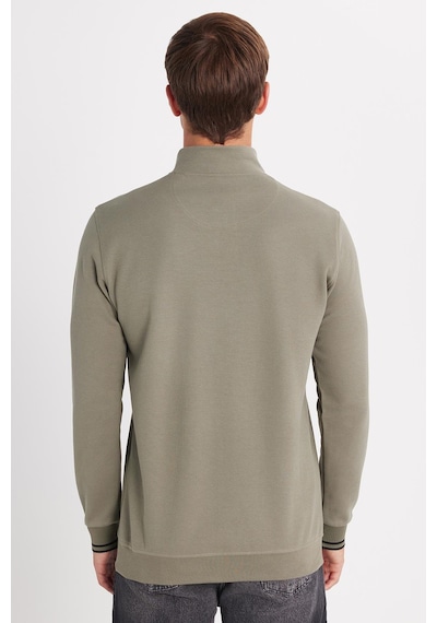 Tudors Erkek Slim Fit Dar Kesim Pamuklu Yarım Fermuarlı Dik Yaka Haki Sweatshirt-35786 Haki