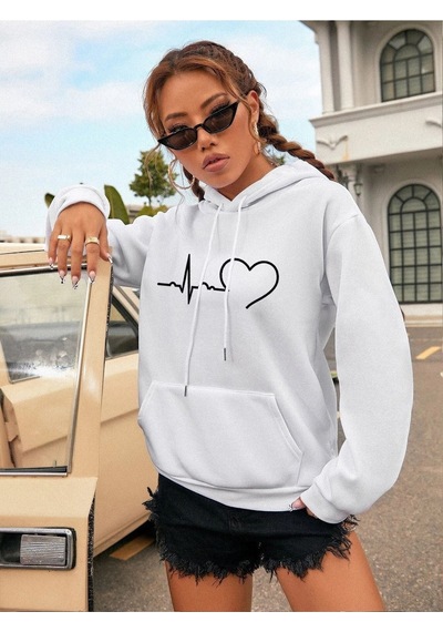 Kadın Kalp Çizgi Baskılı Oversize Beyaz Kapşonlu Sweatshirt Beyaz