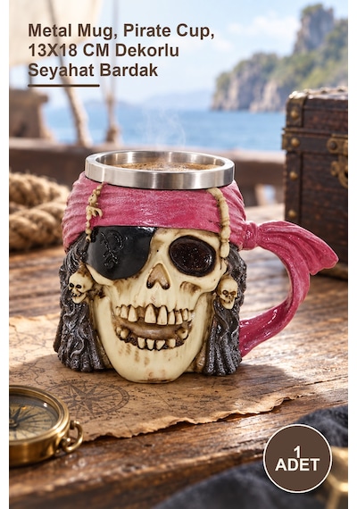 1 Adet Paslanmaz Çelik Korsan Kupa Metal Mug, Pirate Cup, 13x18 Cm Dekorlu Seyahat Bardak