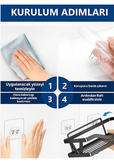 Ömür Boyu Paslanmaz Yapışkanlı 3 Katlı Banyo Duş Rafı Şampuanlık Duvar Düzenleyici Organizer Siyah