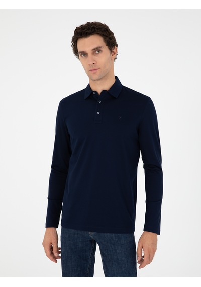 Lacivert Regular Fit %100 Pamuk Polo Yaka Sweatshirt
