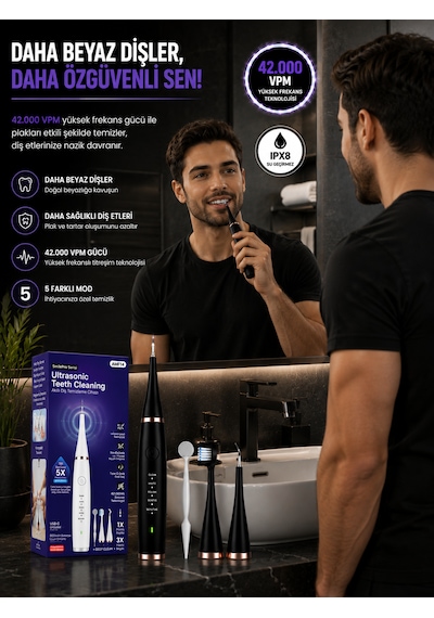 Ipx8 Su Geçirmez Şarjlı Akıllı Diş Fırçası 42000 Vpm Ultrasonik 800mah 5 Mod 3 Yedek Başlık Beyaz