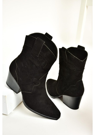 Fox Shoes T296112002 Siyah Süet Kalın Topuklu Kadın Bot Siyah-Süet Siyah