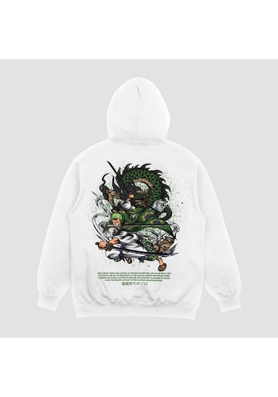 Unisex Beyaz Zoro Baskılı Hoodie Oversize Kapşonlu Sweatshirt Beyaz