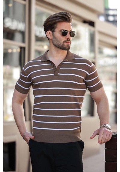 Madmext Vizon Çizgili Polo Yaka Erkek T-shirt E7405 Vizon