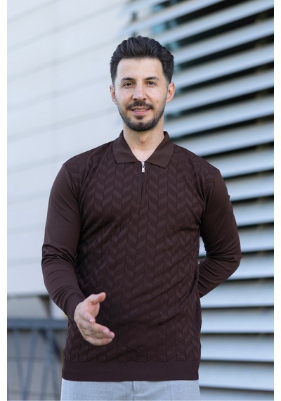 Hk Premium Erkek Triko Kazak Zikzak Desenli Polo Yaka Fermuarlı Slim Fit Kahverengi