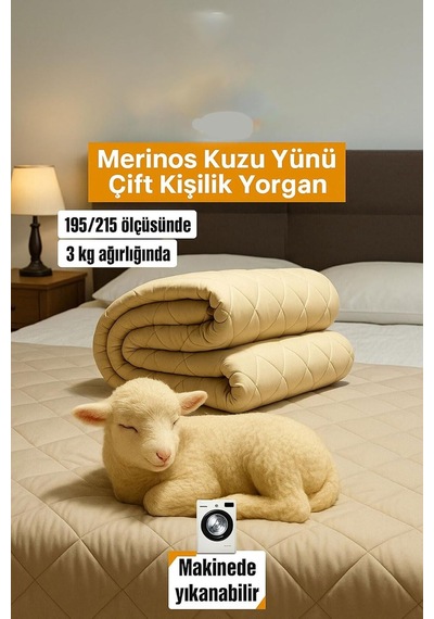 Çift Kişilik Merinos Kuzu Yünü Yorgan %100 Doğal Merinos Kuzu Yünü 195 X 215 Cm Ebat Çok Renkli
