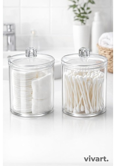 Şeffaf Pamukluk & Kulak Çubuğu Kabı 2'li Set Banyo Düzenleyici Organizer Beyaz Tek Ebat Diğer