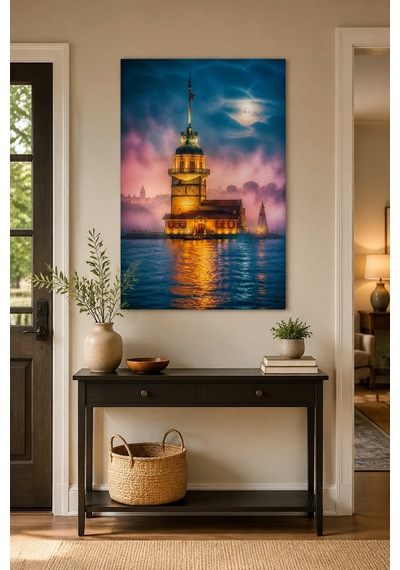 Kız Kulesi Baskılı Cam Tablo Sisli İstanbul Manzaralı Uv Baskı Duvar Tablosu