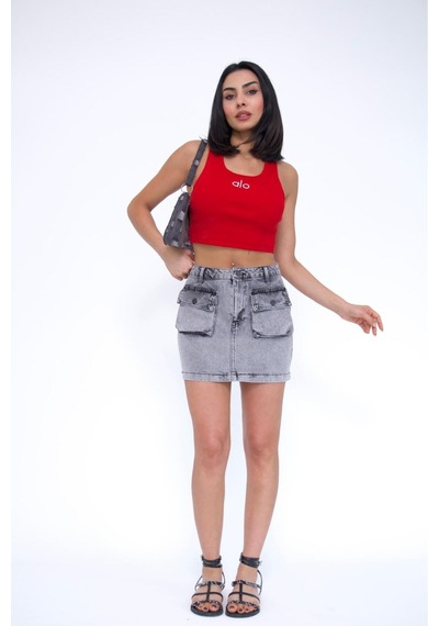 Zeo Basic Kargo Cepli Grey Mini Skirt Gri