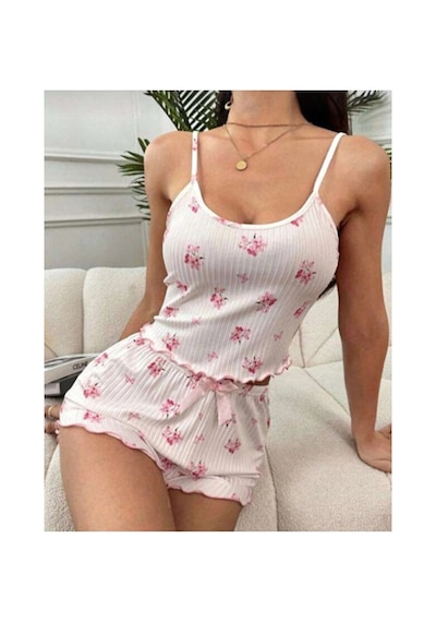Selveta Çiçek Desenli Fitilli Askılı Şortlu Gecelik Pijama Takımı Çok Renkli