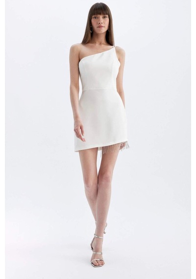 DeFacto Bodycon Vücudu Saran Tek Omuzlu Kolsuz Mini Abiye Elbise D3272AXNSWT32