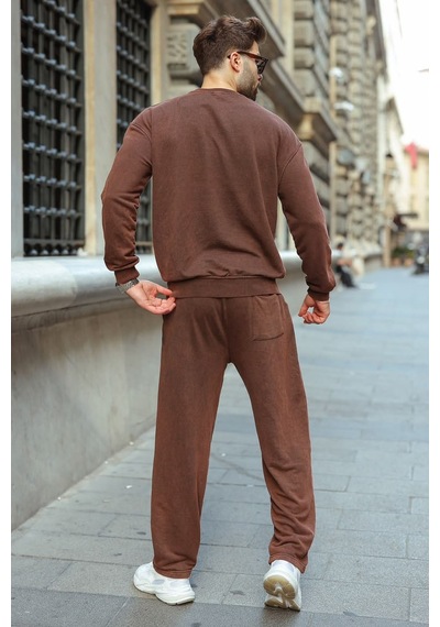 Madmext Kahverengi Yıkamalı Bisiklet Yaka Regular Fit Erkek Sweat Eşofman Takım E7369