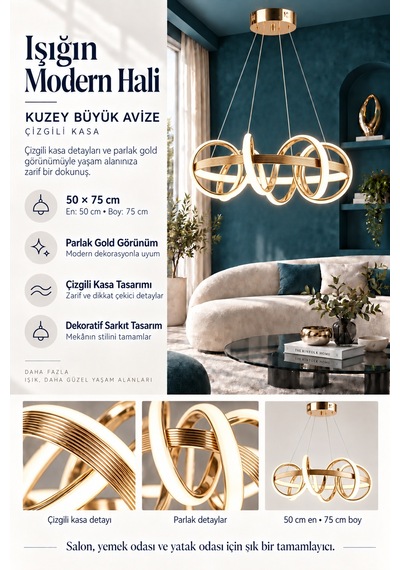 Kuzey Büyük Modern Ledli Avize Çizgili 3 Renk Power Ledli Gold Kaplama Yatak Odası Salon Mutfak