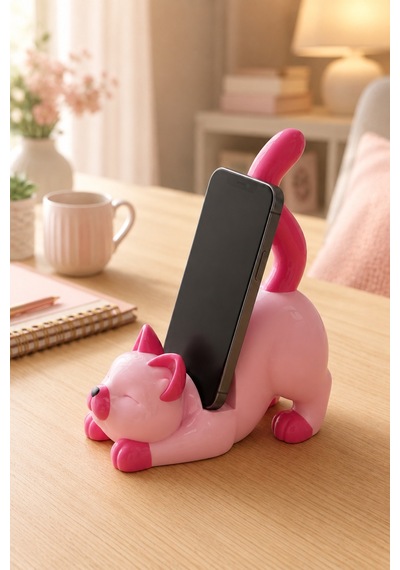 Pembe Kedi Figürlü Telefon Tutucu Stand - 3d Baskı Ofis Masaüstü Aksesuarı Ve Biblo