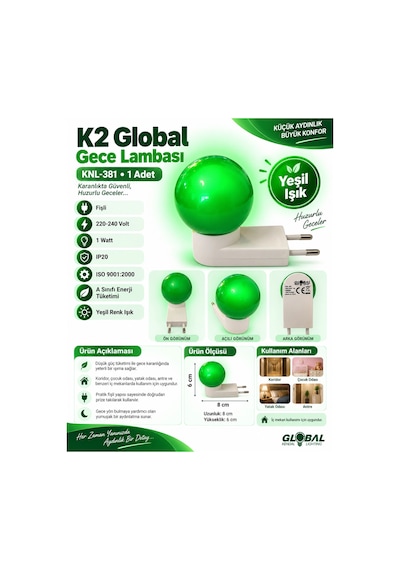 K2 Global 1w Fişli Yeşil Gece Lambası Ip20 220 Volt Prize Takılabilen Çok Renkli