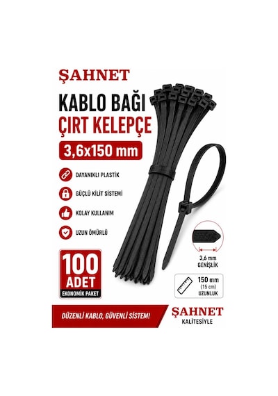 Şahnet 3,6x150 Mm Siyah Kablo Bağı Çırt Kelepçe 100 Adet - Plastik Kablo Toplama Bağı
