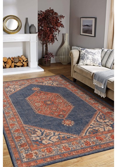 Foldy Vintage Desenli Dokuma Taban Dekoratif Lacivert Halı Fl 29