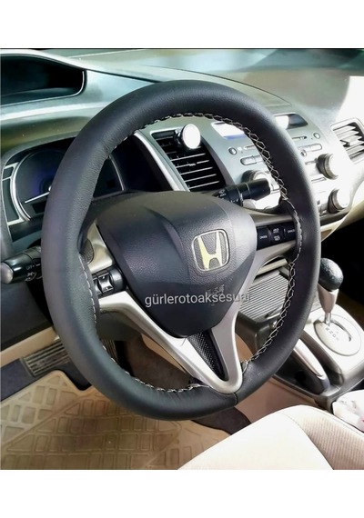Honda Civic Deri Dikmeli Direksiyon Kılıfı Soft Gri Ipli A+Plus