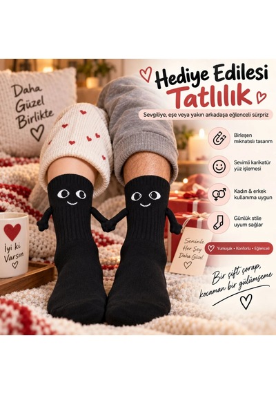 Womanandkids Wak Mıknatıslı El Ele 2'li Unisex Tutuşan Sevimli Çorap 36-44 Çift Hediyesi, Pamuklu Renkli Crew M Siyah