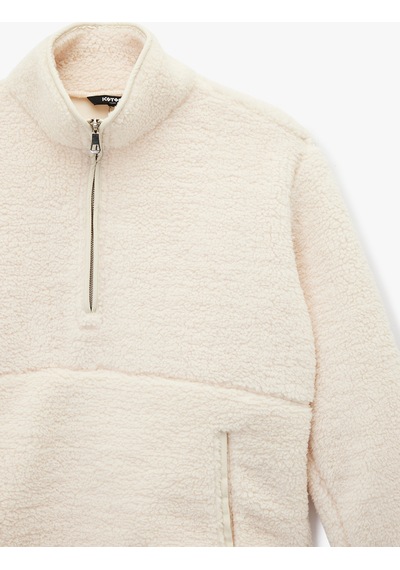 Koton Uzun Kollu Cepli Yarım Fermuarlı Spor Peluş Sweatshirt Ekru 6wak20011nk Ekru